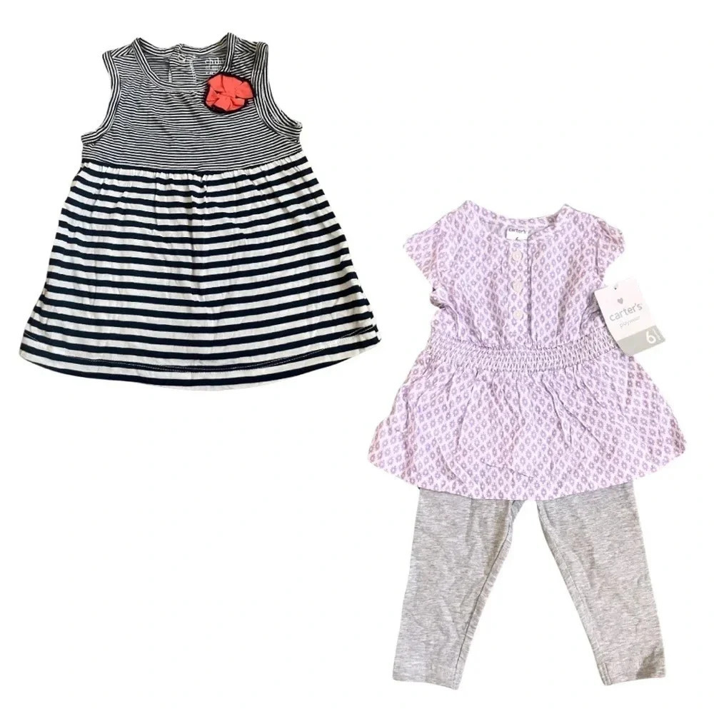 Carter’s Girl 3-Piece Set | Purple Print & Striped Dresses , Gray Leggings